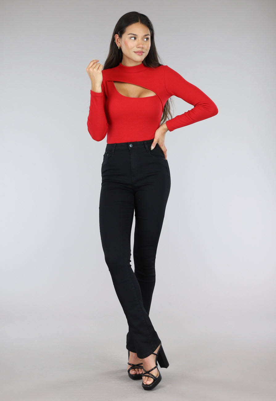 Rode Rib Bodysuit met Uitsnede