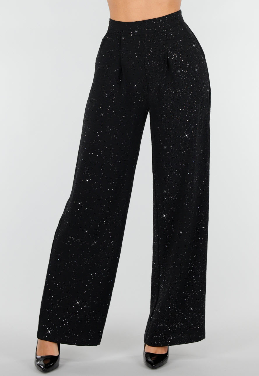 Zwarte Linnenlook Glitter Pantalon met Stretchband