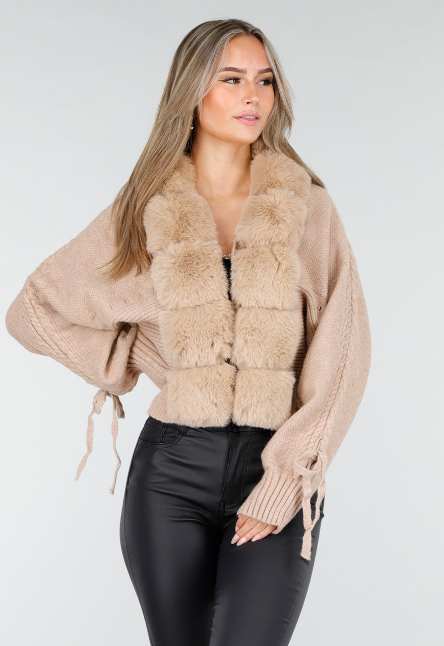 Camel Gebreide Cardigan met Faux Fur Kraag