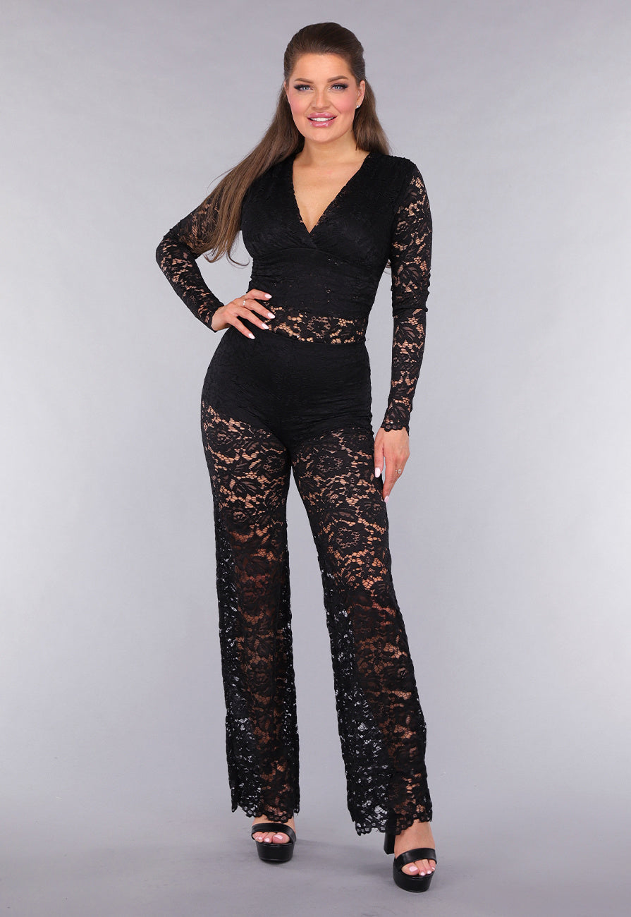 Zwarte Padded Lace Bodysuit met Lange Mouwen