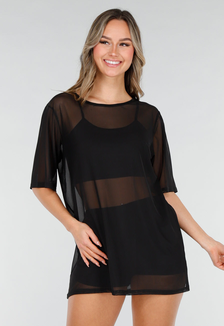 Zwart See-Through Cover-up T-Shirt met Stretch