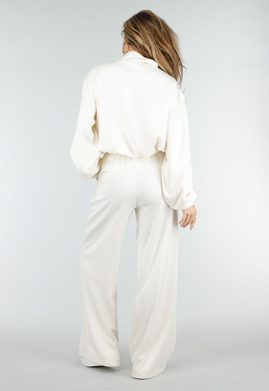 Crème Sweater met Halve Rits en Elastische Boorden