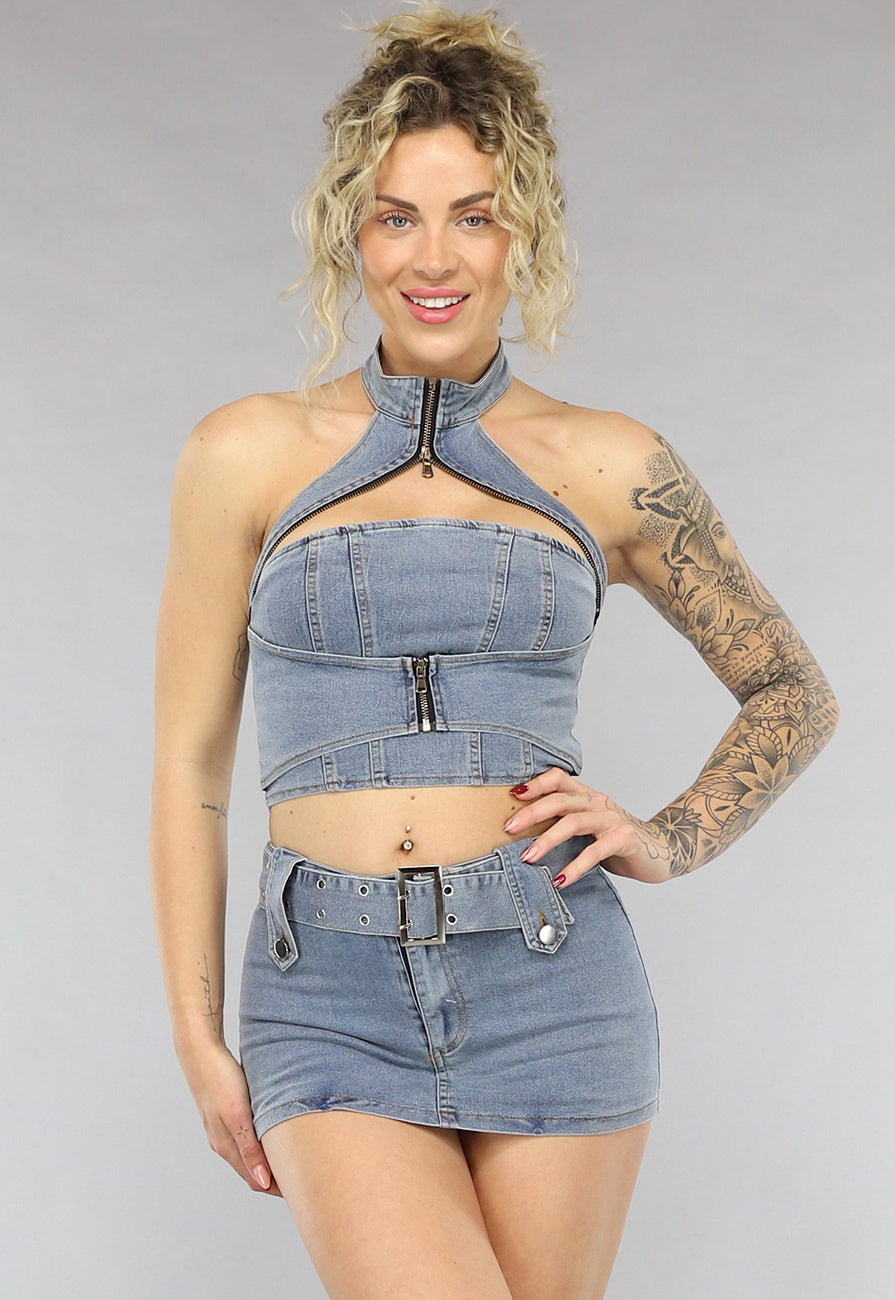 Blauwe Denim Co Ord Set met Riem
