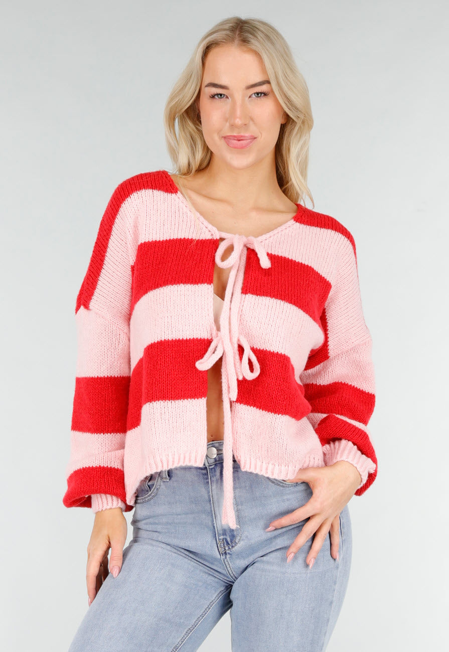 Roze Rood Gestreept Vest met Striksluiting en Losvallende Pasvorm