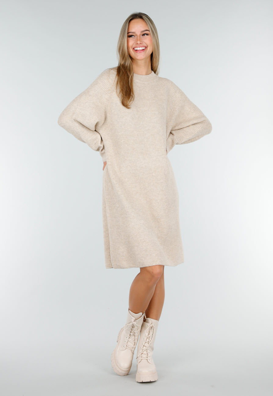Beige Gebreide Jurk met Lange Mouwen en Recht Ribpatroon