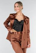 Bruine Satijnlook Blazer met Licht Getailleerde Pasvorm en Dubbele Knopen