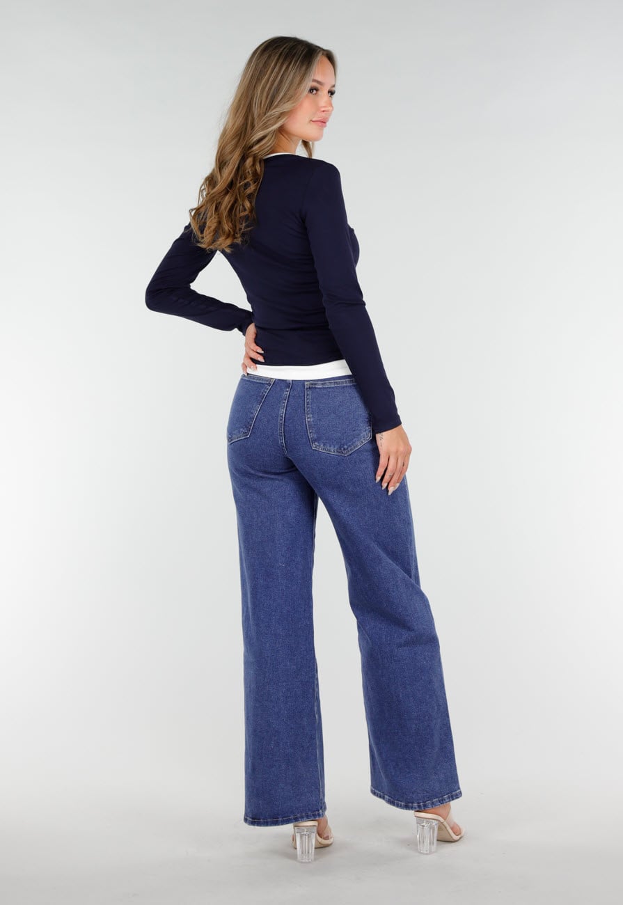Donkerblauwe Longsleeve Top met V-Hals en Witte Boorden
