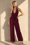 NEW010726 Bordeaux Halter Top en Wide Leg Broek Set met Open Rug