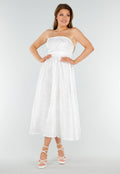 Witte Strapless Midi Jurk met Jacquardlook en Vetersluiting