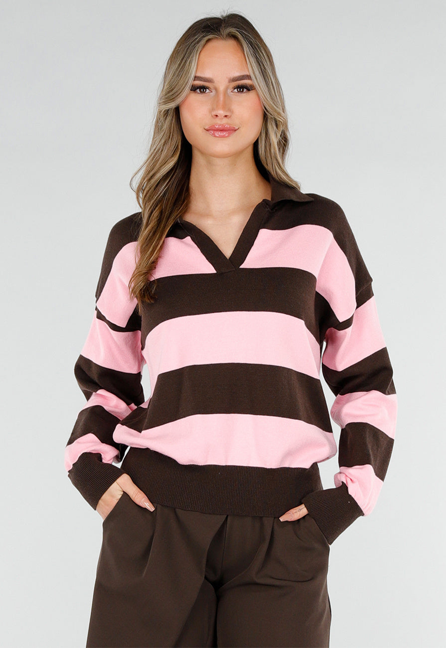 Roze en Bruin Gestreepte Polo Trui