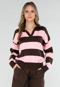 Roze en Bruin Gestreepte Polo Trui
