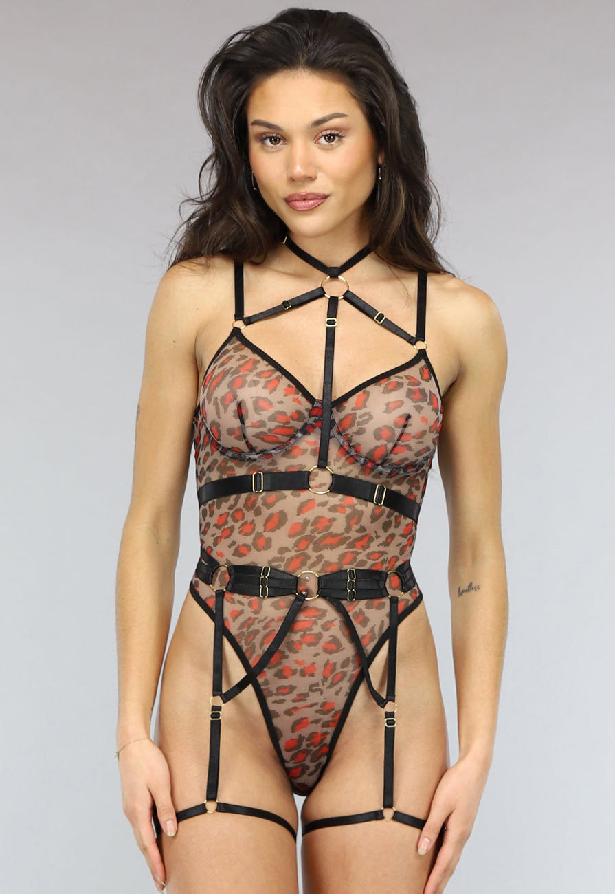Mesh Luipaard Body met Beugels en Kinky Straps