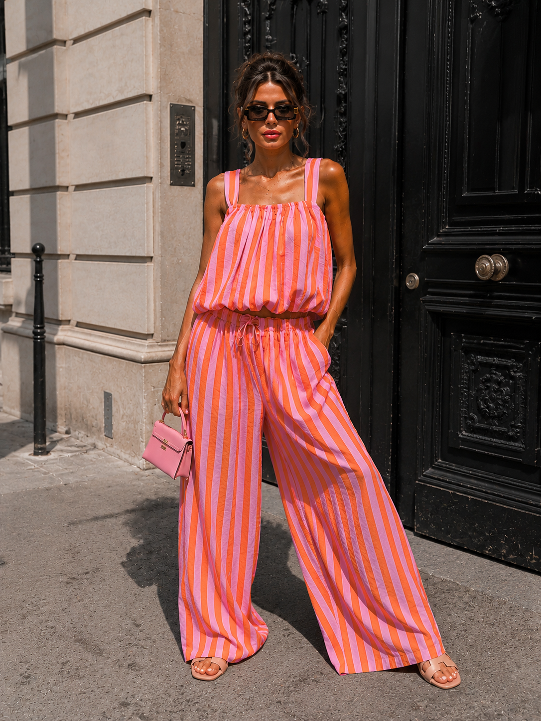 NEW150726 Roze Oranje Gestreepte Tweedelige Set met Wide Leg Broek