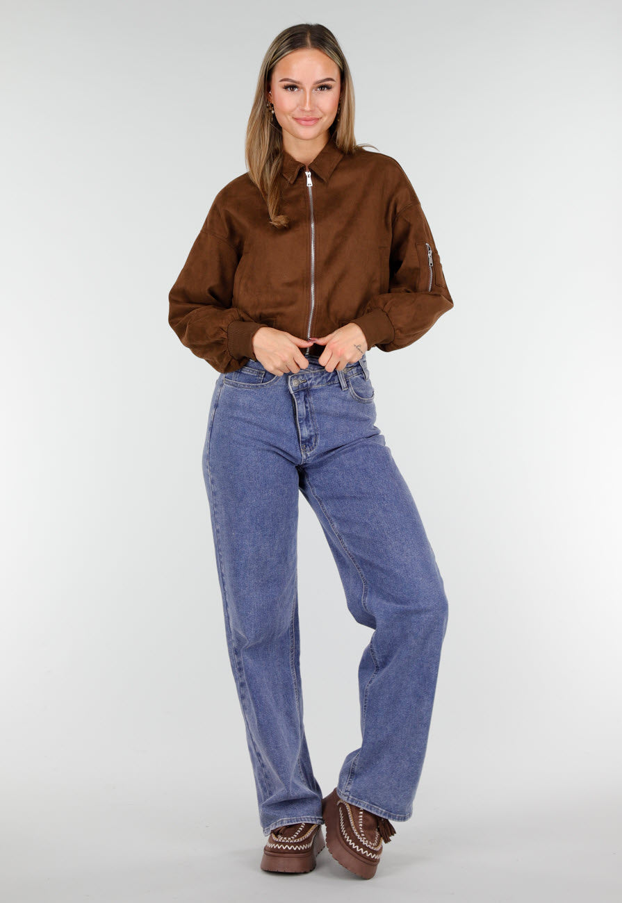 Bruine Instappers met Faux Fur en Witte Borduursels