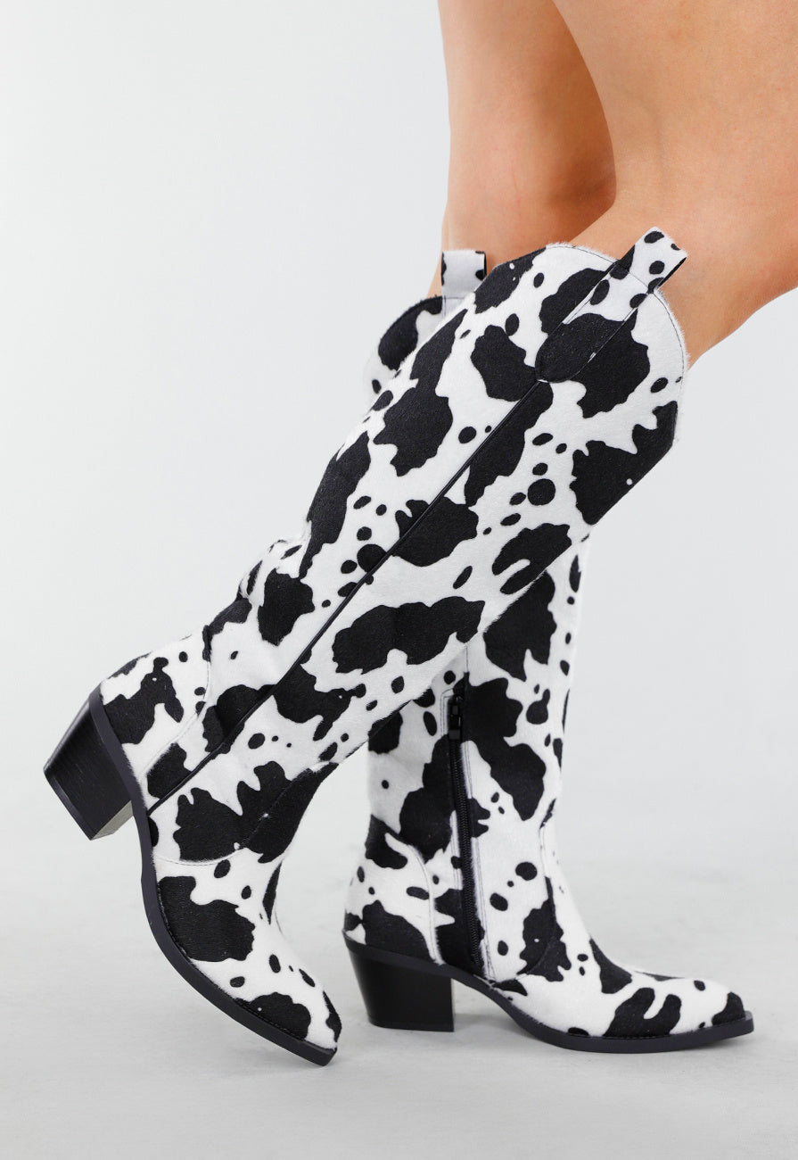 Koeienprint Cowboylaarzen in Zwart-Wit met Lage Hak