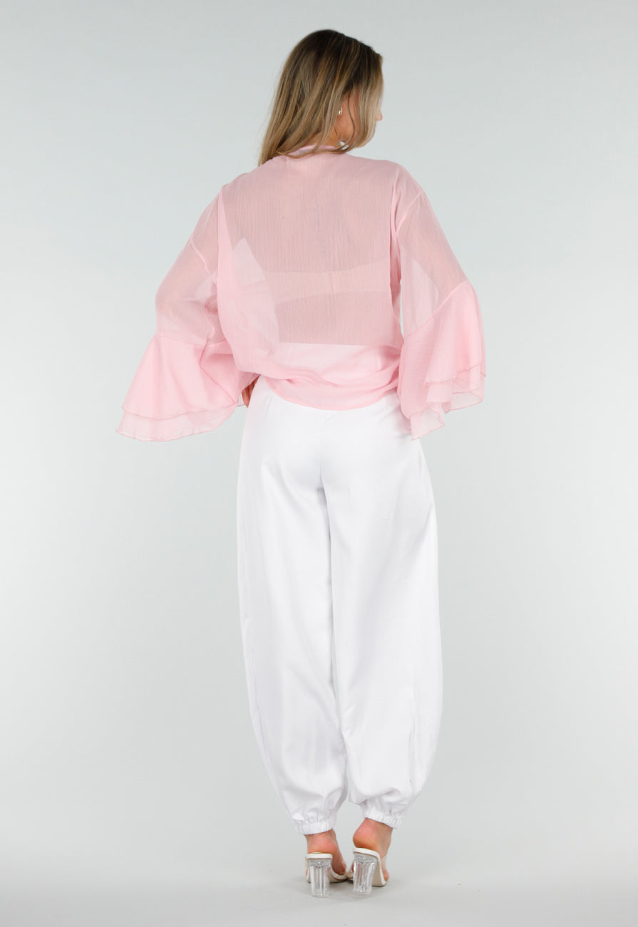 NEW010726 Roze Chiffon Blouse met Ruches en Knoopsluiting