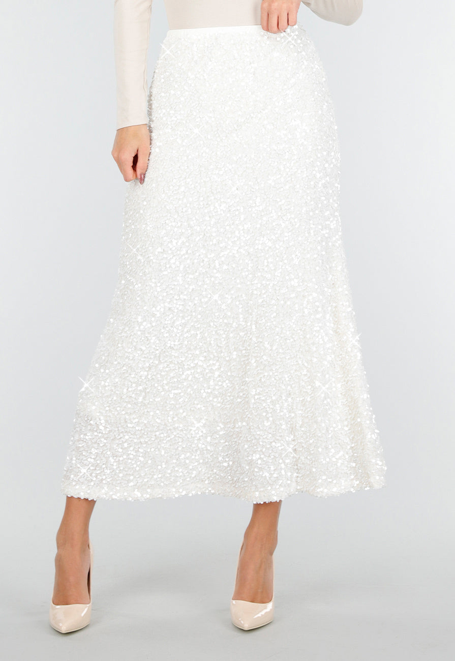 Witte Midi Rok met All Over Pailletten en Subtiele Uitlopende Zoom