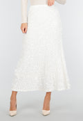Witte Midi Rok met All Over Pailletten en Subtiele Uitlopende Zoom