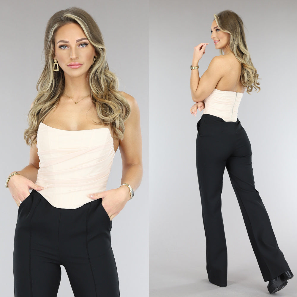 Beige Mesh Korset Top met Gedrapeerd Detail