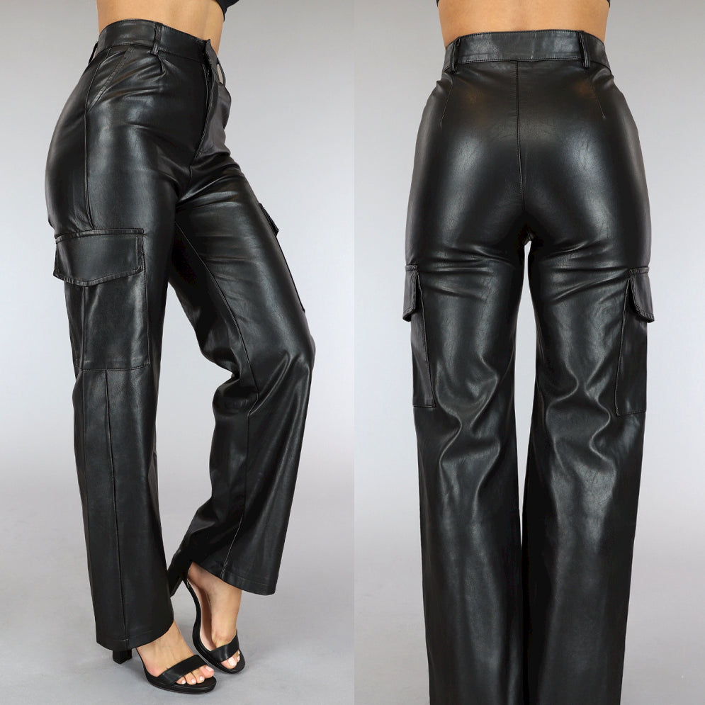 Zwarte Straight leg Lederlook Cargo
