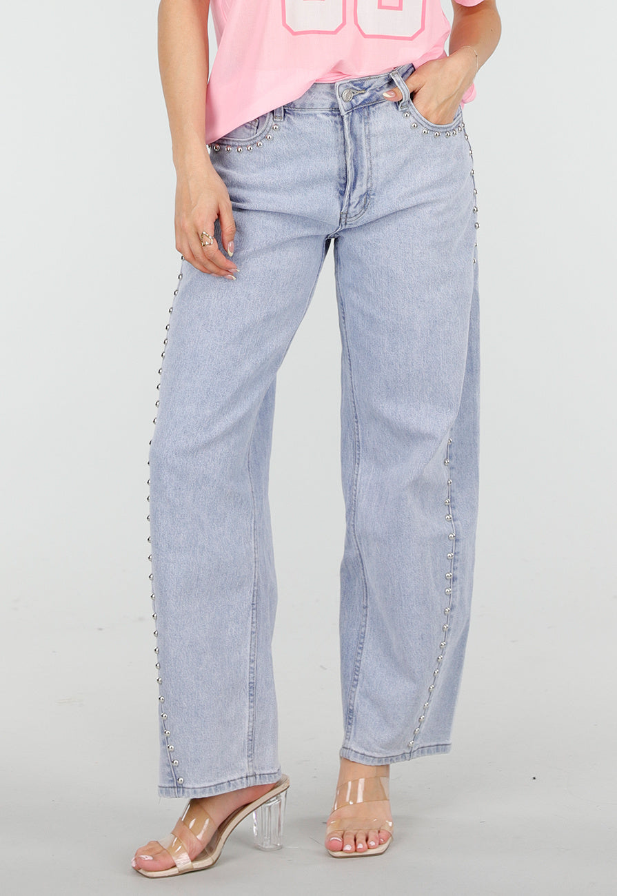 Lichtblauwe Denim Barrel Jeans met Studs en Stretch