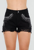 Zwarte Denim Short met Strass Steentjes en Rafelrand
