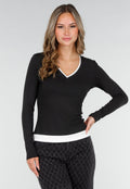 Zwarte Longsleeve Top met V-Hals en Witte Boorden