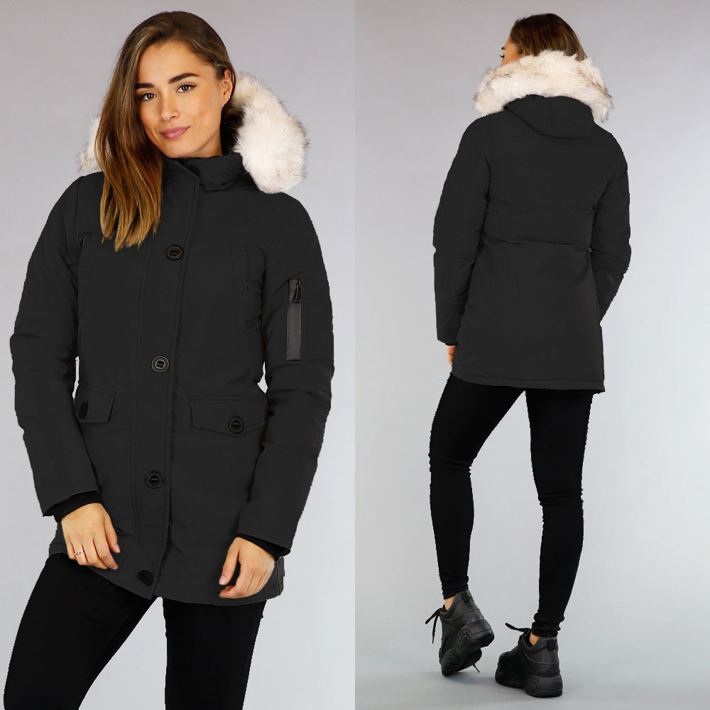 Zwarte Gewatteerde Parka met Beige Imitatiebont