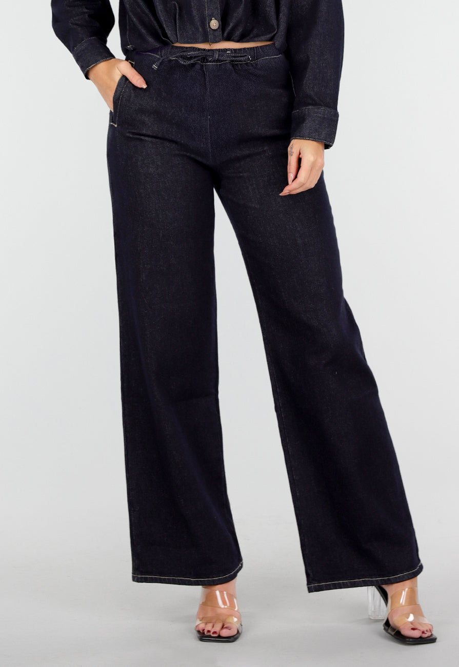 Redial Jeans Donkerblauwe Jeans met Rechte Pijpen en Trekkoord