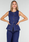 Redial Jeans Mouwloze Denim Top in Blauw Met Knoopsluiting