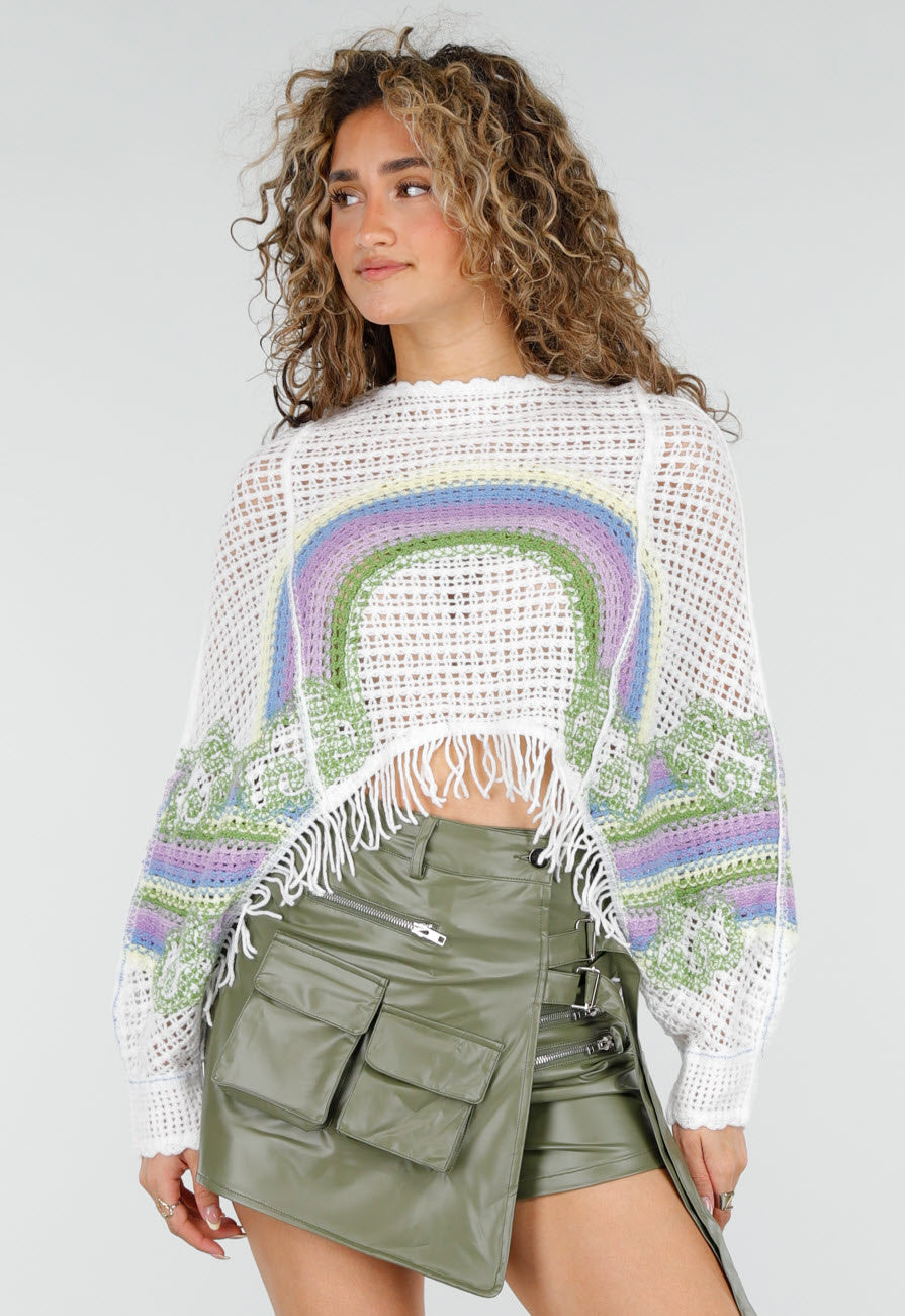 Witte Gehaakte Top met Regenboogprint en Franjes