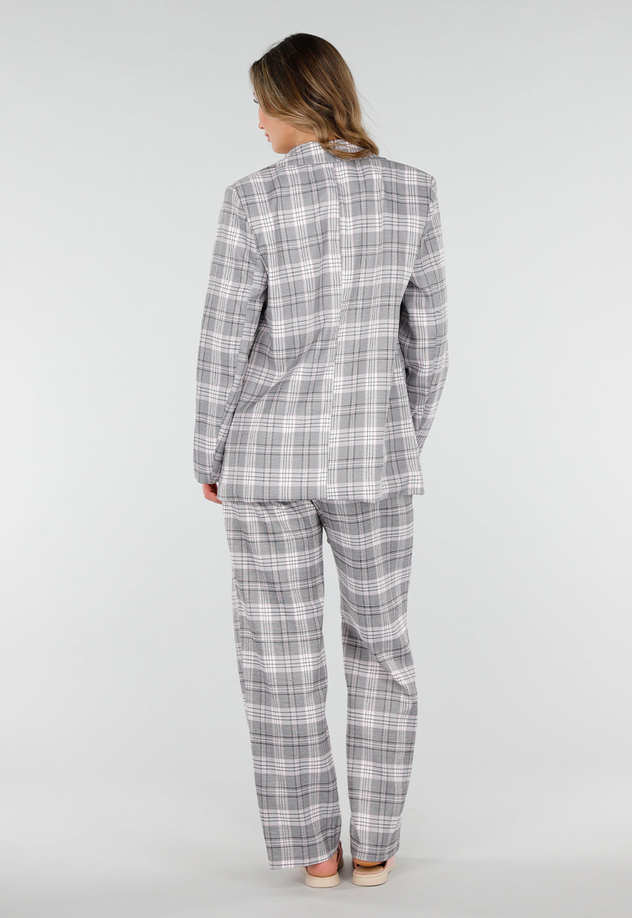 Grijs Roze Geruite Blazer met Schoudervullingen