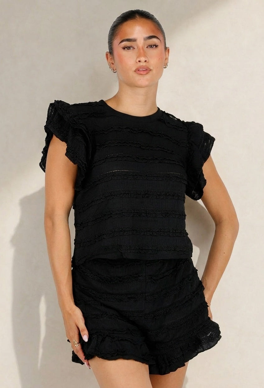 Zwarte Gehaakte Co-ord Set met Ruffle Mouwen