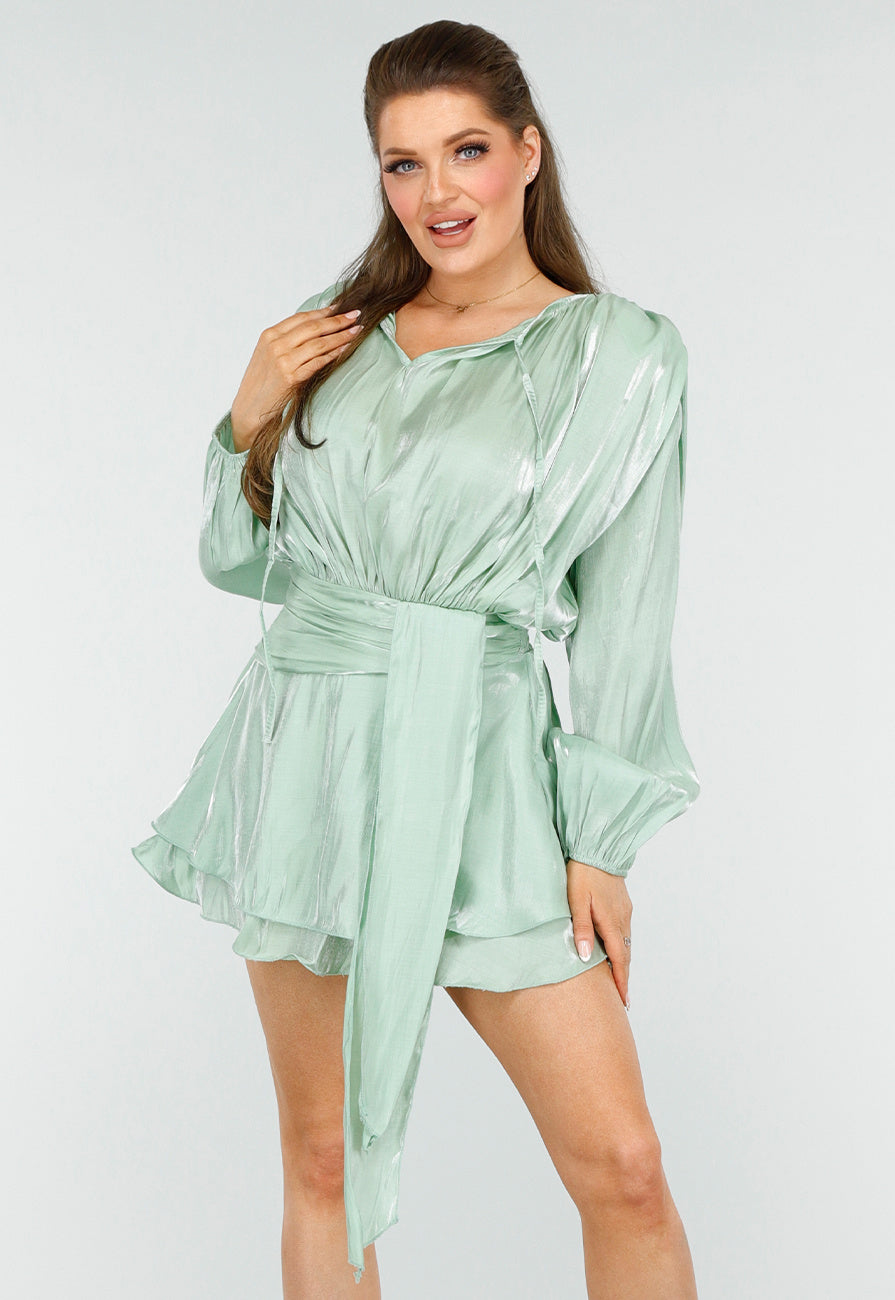 Chique Mintgroene Jurk met Strik en Pofmouwen