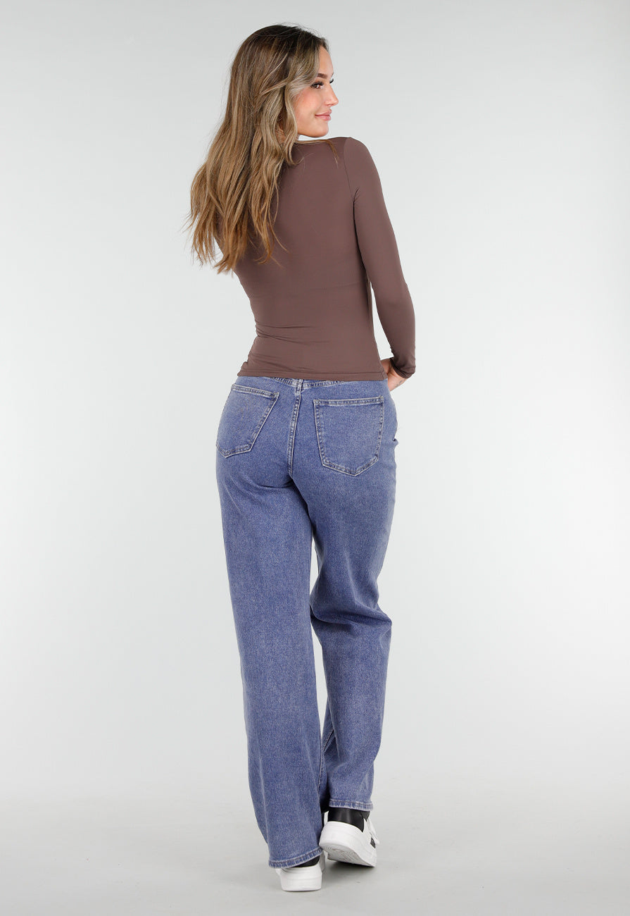Basic Stretch Top Bruin met Lange Mouwen