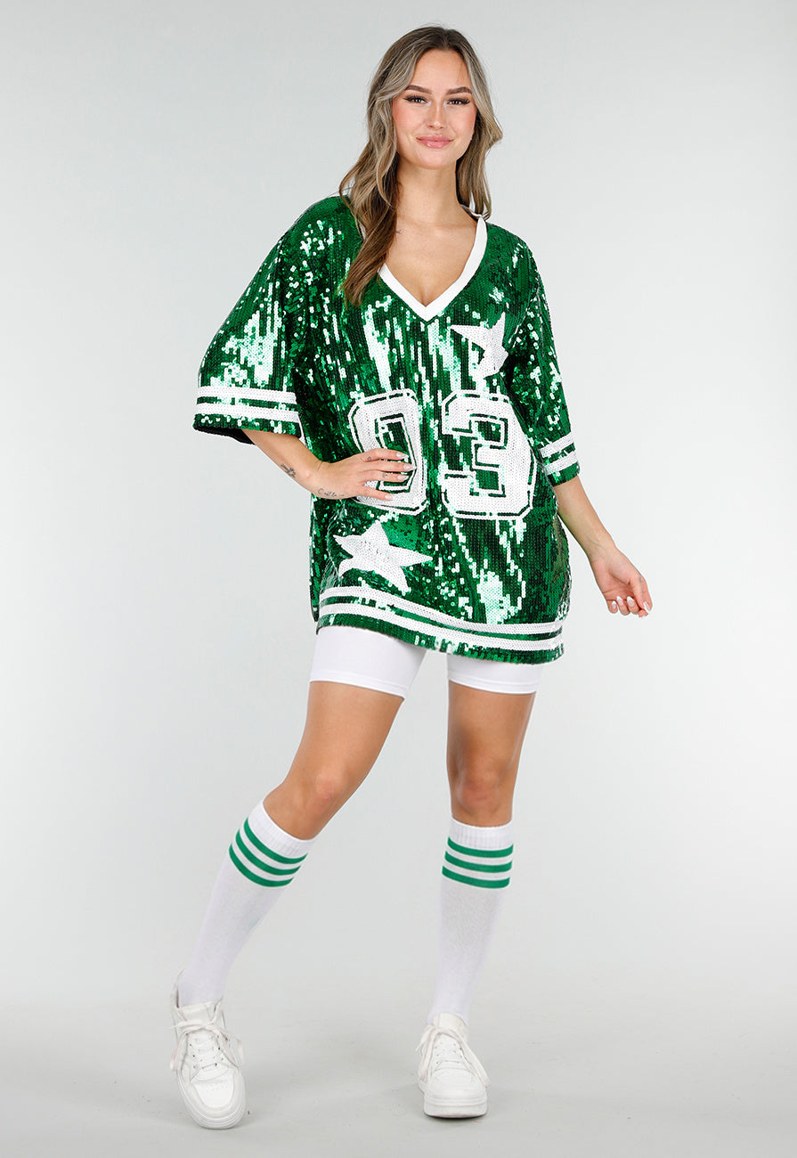 Groene Oversized Pailletten Jersey Top met V Hals