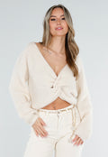 Beige Gebreide Twist Crop Trui met Lange Mouwen en V-Hals