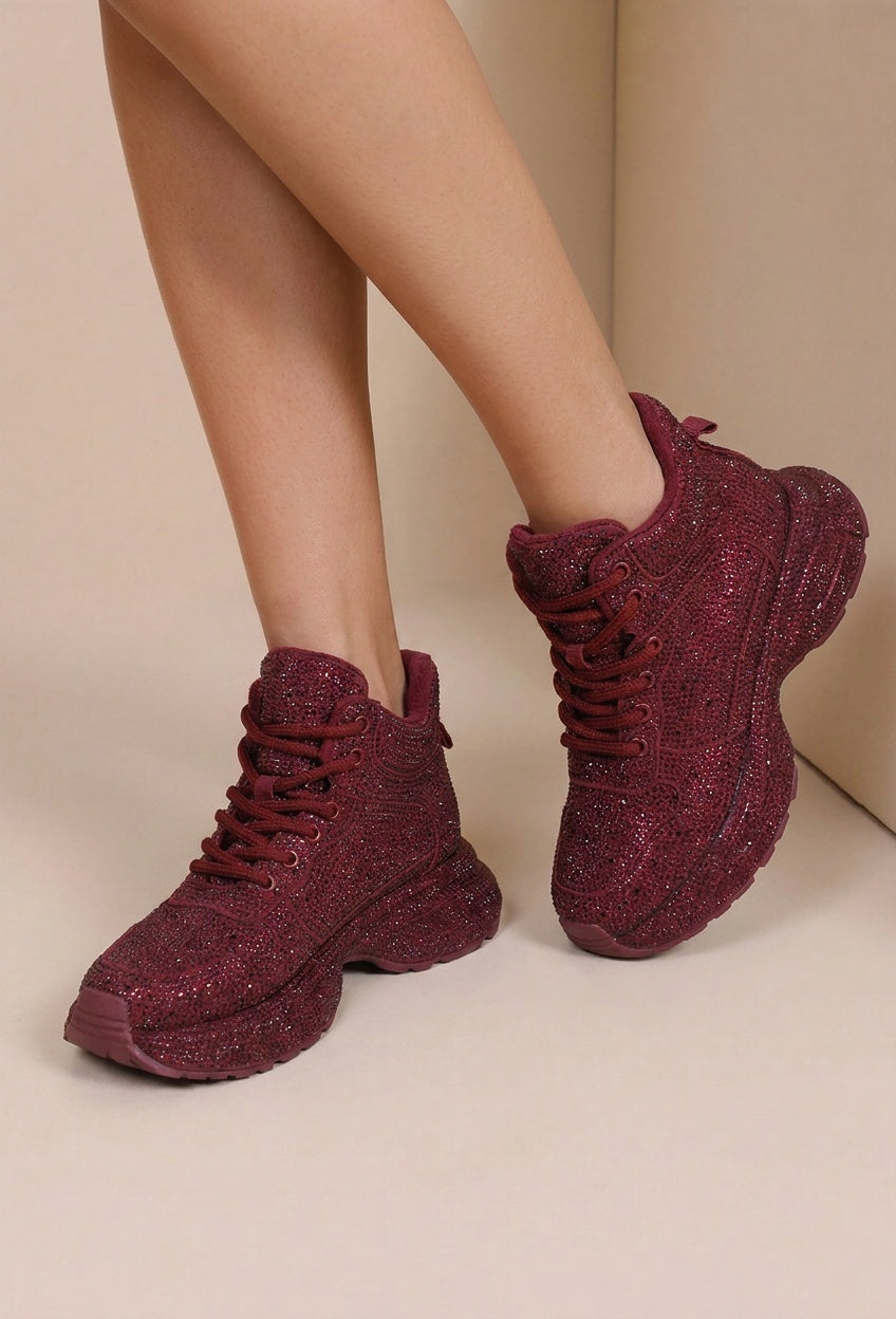 NEW290726 Bordeaux Glitter Sneakers met Hoge Schacht en Veters