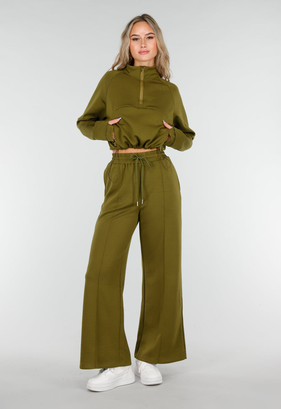 Olijfgroene Wijde Broek met Hoge Taille en Trekkoord