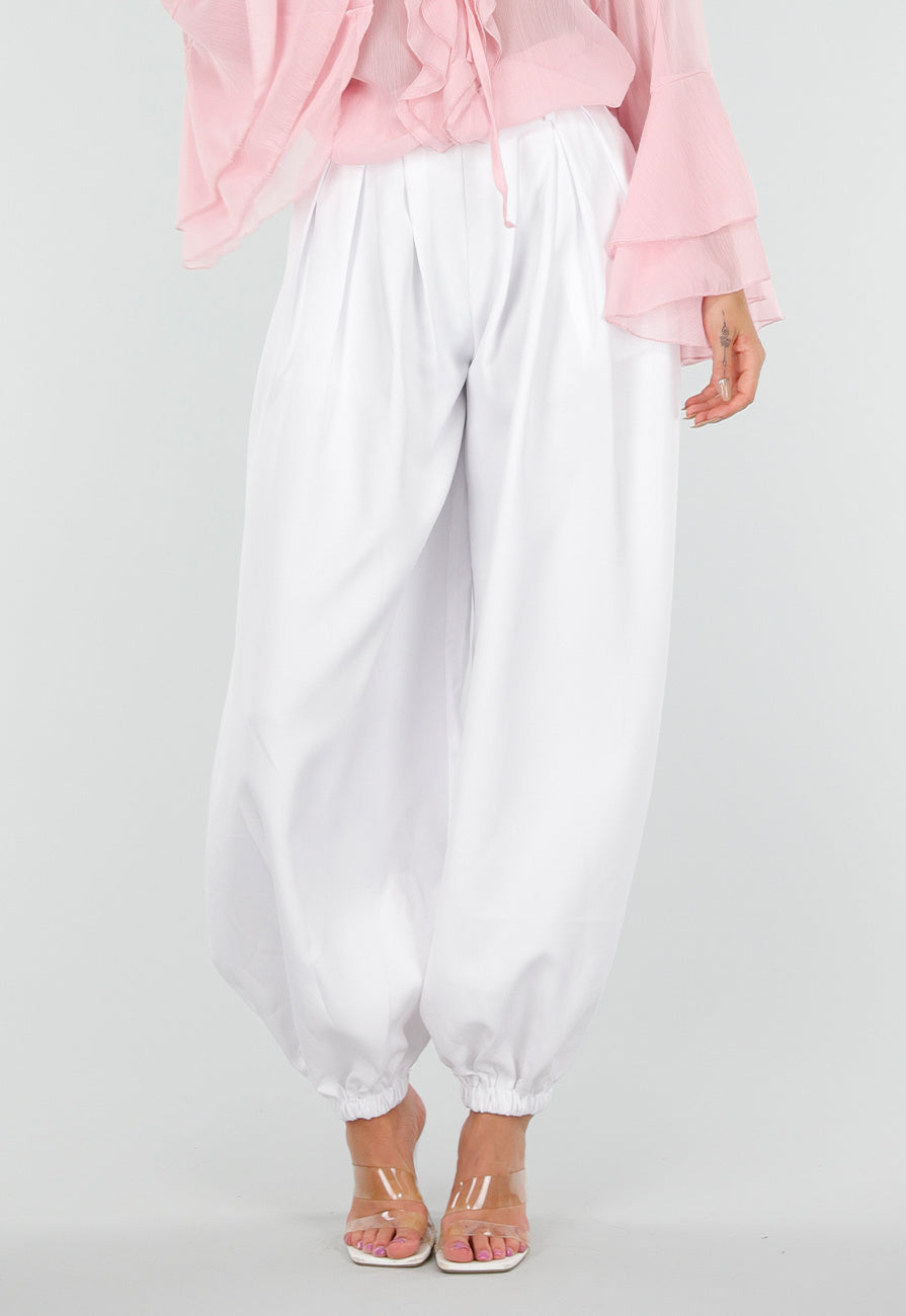 NEW010726 Witte Plooibroek met Elastische Boorden en Hoge Taille