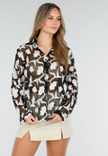 Zwarte Doorschijnende Blouse met Beige Bloemenborduursel en Lange Mouwen