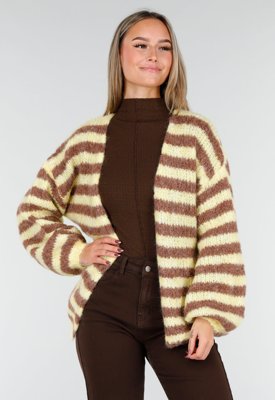 Gestreept Fluffy Vest in Geel en Bruin met Losvallende Pasvorm