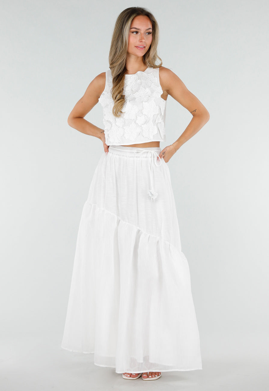 NEW150726 Witte Maxi Rok met Strikceintuur en Volant
