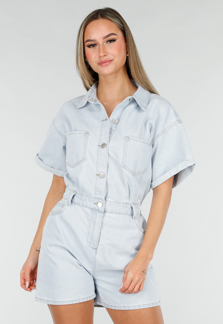 Lichtblauwe Denim Playsuit met Korte Mouwen