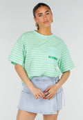 Mintgroen Gestreept Oversized T-shirt met Iconic Opdruk