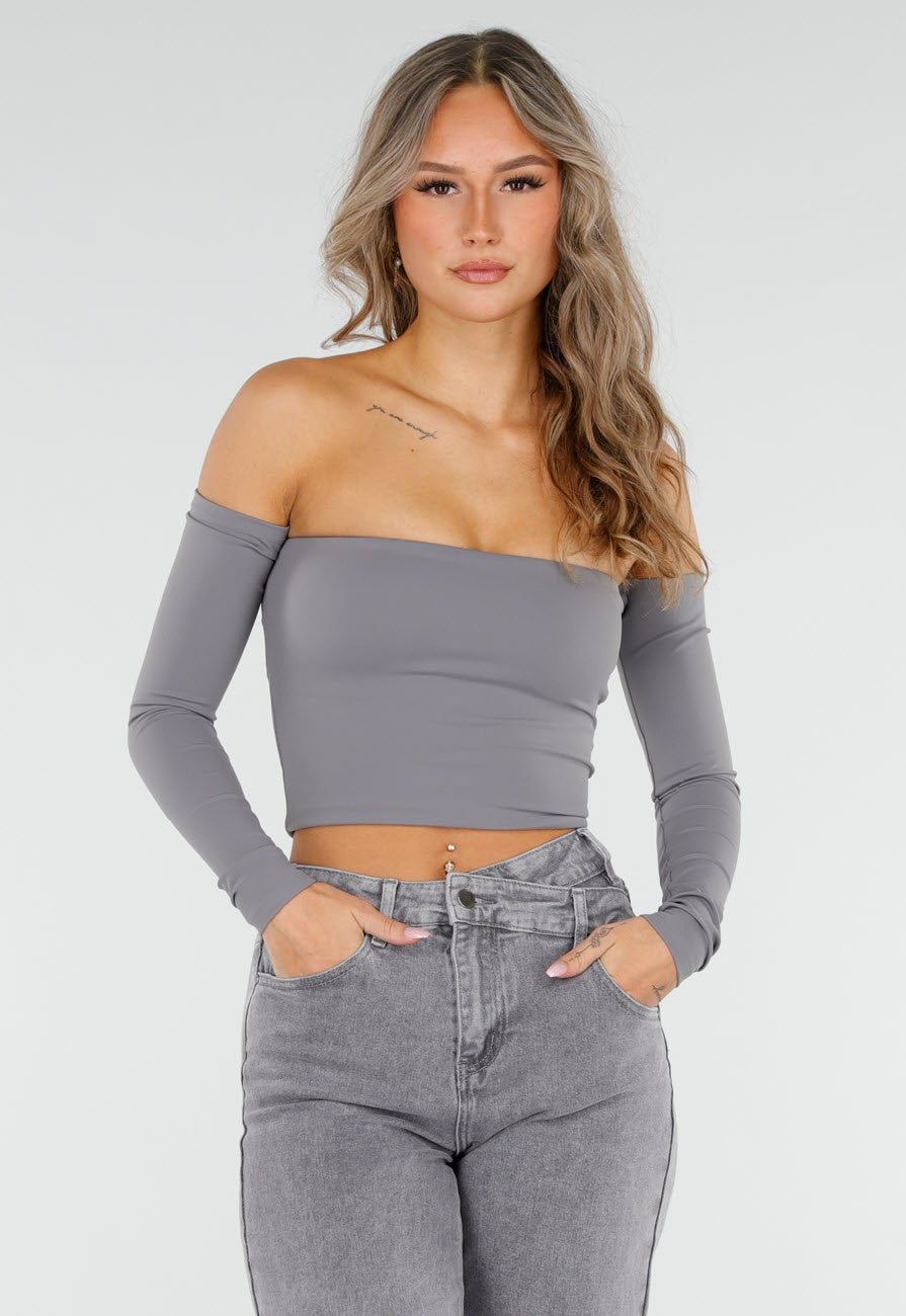 Grijze Off Shoulder Crop Top met Lange Mouwen