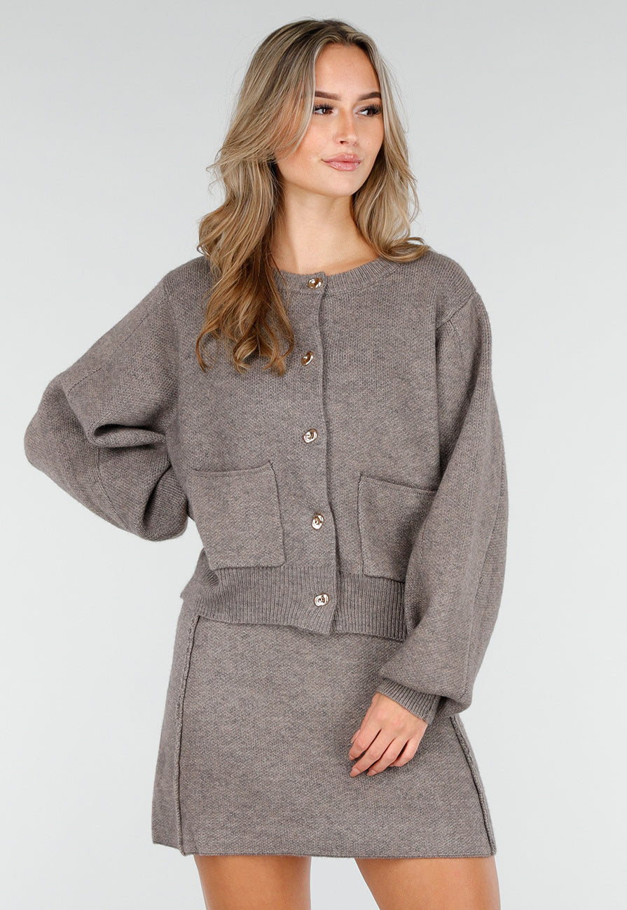 Taupe Twee-Delige Set met Gebreid Vest en Rok