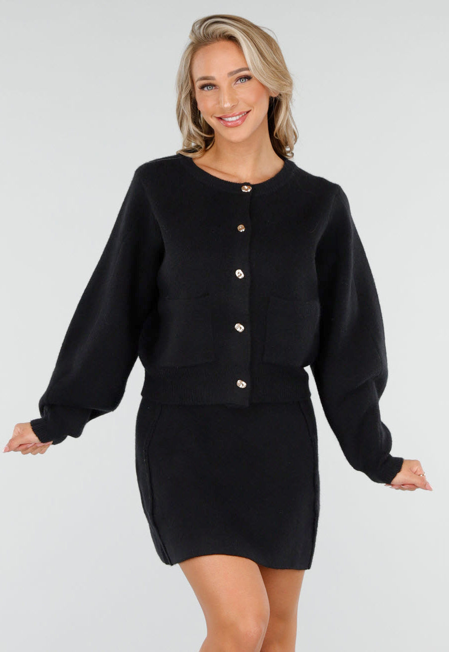 Zwarte Gebreide 2-Piece Set met Vest en Rok