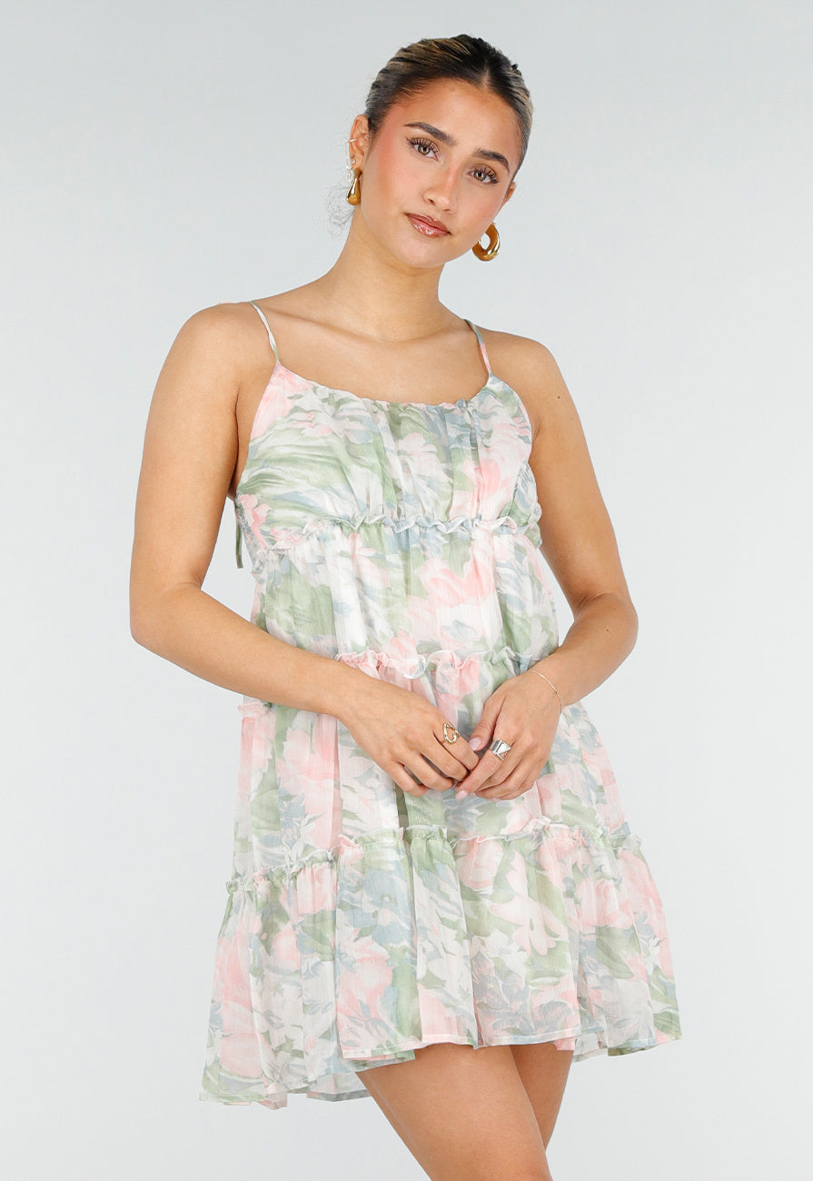 Pastel Bloemenprint Jurk met Spaghettibandjes en Ruches