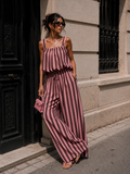 Bruin Roze Gestreepte Two Piece Set met Mouwloze Top en Wide Leg Broek